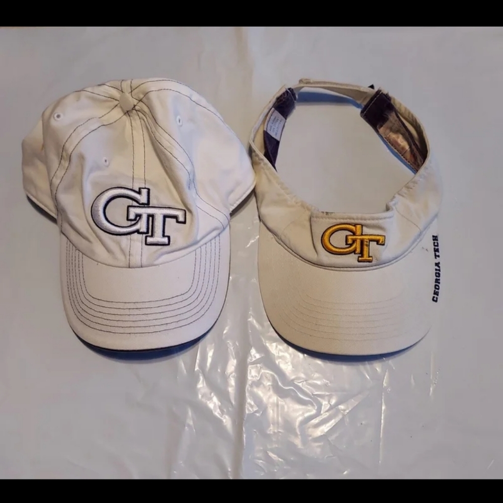 Y2K GEORGIA TECH FOOTBALL WHITE FITTED HAT & VISOR PAIR OF 2 RN# 70547